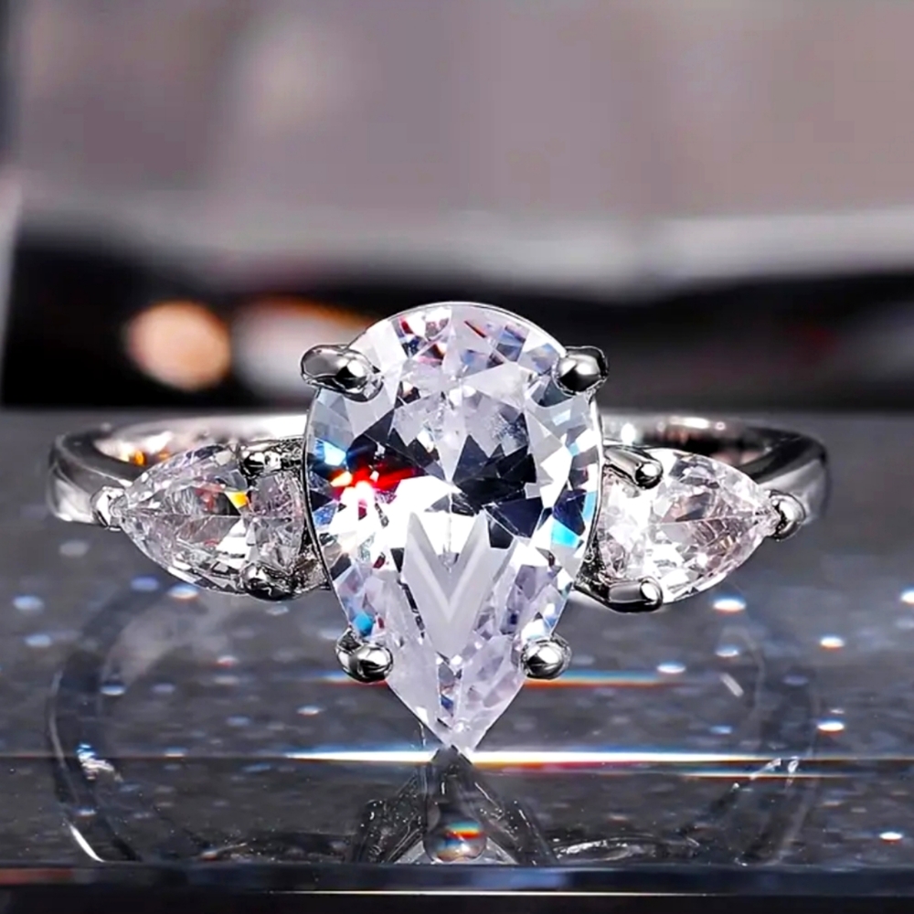 NEW 3.5 Ct  Pear Shaped TRINITY Diamond Ring Sterling Silver size 7